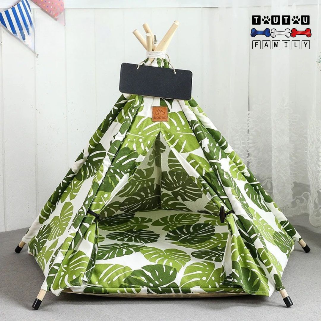 tente-pour-chien-tipi-avec-coussin-toile-légÚre-respirante-amovible-lavable-en-machine-une-tente-avec-structure-en-bois-de-pin-et-motif-nature-avec-des-feuille-de-rhododendron