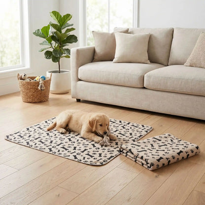 Alèse-lavable-chien-chiot-apprentissage-proprete-chien âgés, incontinent, 100% imperméable, lavable en machine, résistant aux griffes, durable, vendu en lot de deux, écoresponsable et écologique-un chiot couché sur le tapis absorbant beige marron avec imprimé os et pattes de chiens de couleur noir