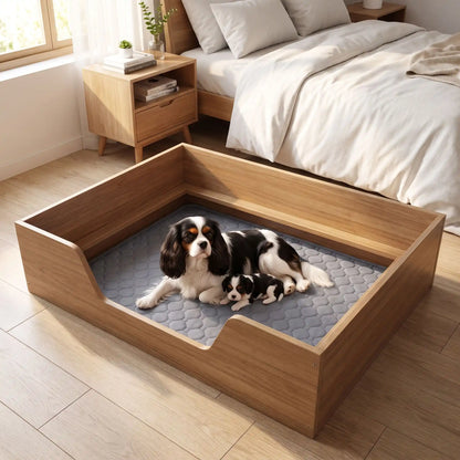 Alèse-lavable-chien-chiot-ultra-absorbant-gris, tapis confortable, surface anti poils et anti humidité, multi-couches 100% coton haute densité et son fond imperméable et antidérapant, disponible en 5 tailles : S, M, L et XL pour toute tailles et races de chiots et chien, multifonction, il protège efficacement sol, literie, meubles, voiture, caisse de transport et, réutilisable et durable, écologique-une chienne adulte avec son chiot  couché confortablement sur le tapis absorbant dans sa caisse de mise bas