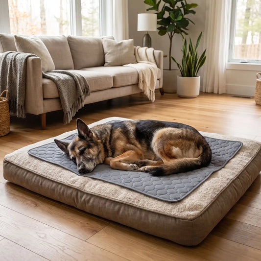 Alèse-lavable-chien-chiot-ultra-absorbant-gris, tapis confortable, surface anti poils et anti humidité, multi-couches 100% coton haute densité et son fond imperméable et antidérapant, disponible en 5 tailles : S, M, L et XL pour toute tailles et races de chiots et chien, multifonction, il protège efficacement sol, literie, meubles, voiture, caisse de transport et, réutilisable et durable, écologique-un grand chien âgé qui dort sur son alèse qui protège son couchage dans le salon de la maison