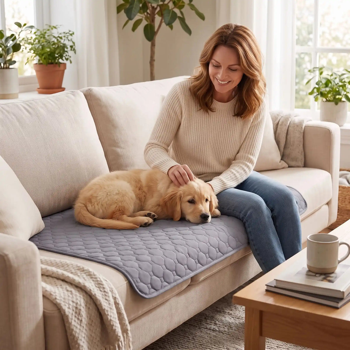 Alèse-lavable-chien-chiot-ultra-absorbant-gris, tapis confortable, surface anti poils et anti humidité, multi-couches 100% coton haute densité et son fond imperméable et antidérapant, disponible en 5 tailles : S, M, L et XL pour toute tailles et races de chiots et chien, multifonction, il protège efficacement sol, literie, meubles, voiture, caisse de transport et, réutilisable et durable, écologique-un chiot couché sur son alèse qui protège le canapé où sa maitresse le caresse tendrement dans le salon 