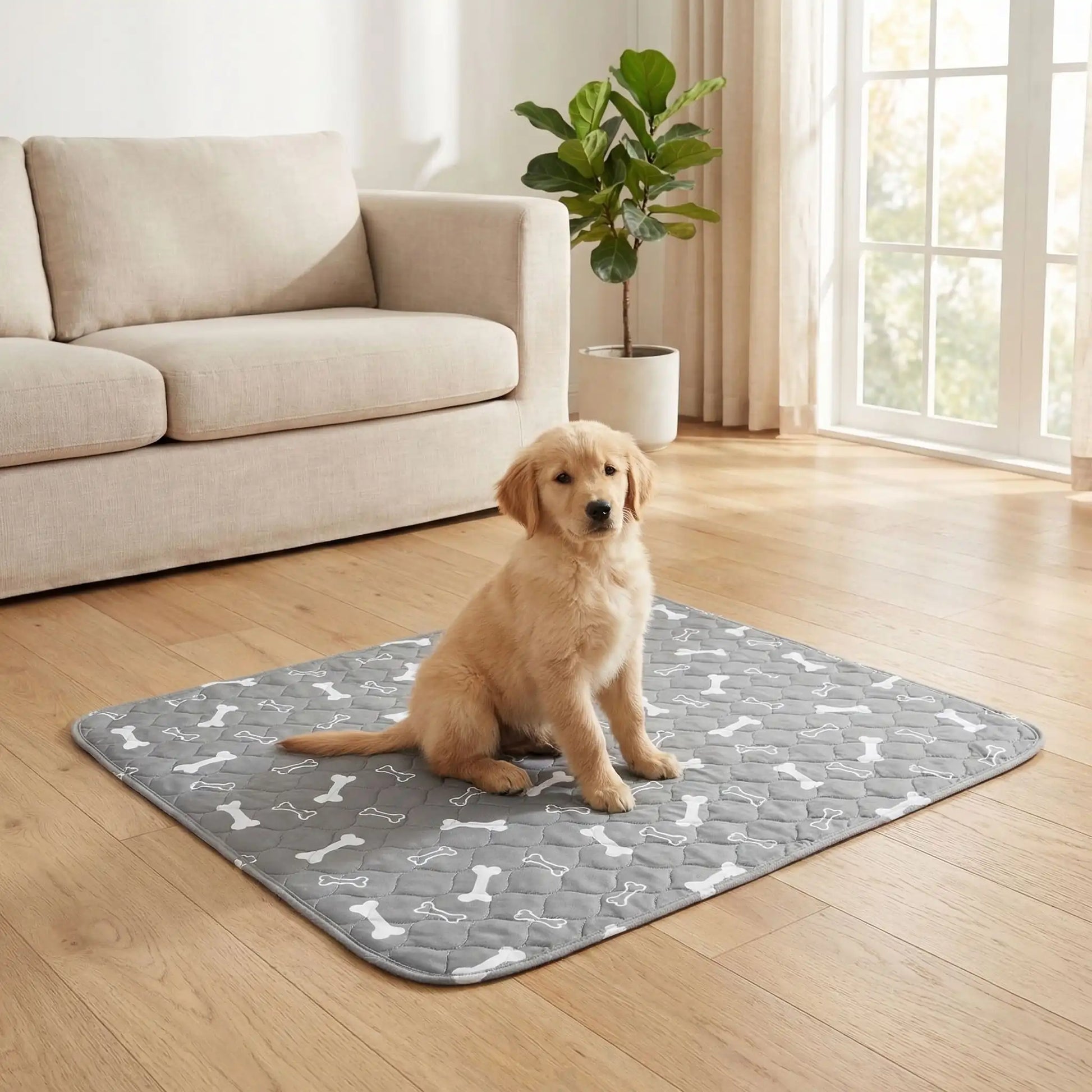Alèse-lavable-chien-chiot-apprentissage-proprete-chien âgés, incontinent, 100% imperméable, lavable en machine, résistant aux griffes, durable, vendu en lot de deux, écoresponsable et écologique-un chiot assis sur le tapis absorbant gris avec imprimé os de couleur blanc sur le sol deu salon