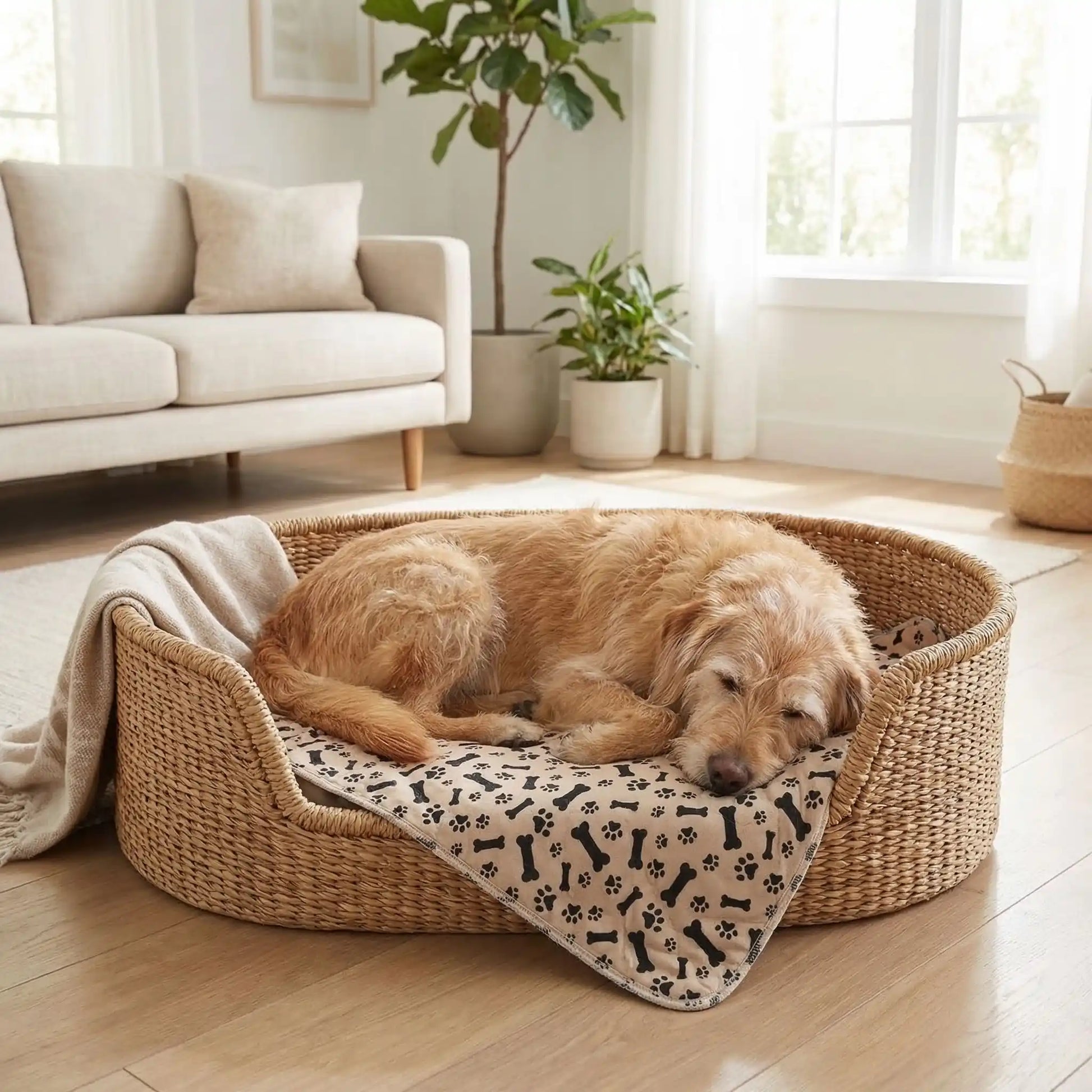 Alèse-lavable-chien-chiot-apprentissage-proprete-chien âgés, incontinent, 100% imperméable, lavable en machine, résistant aux griffes, durable, vendu en lot de deux, écoresponsable et écologique-un chien très âgé qui dort en boule sur le tapis absorbant beige marron avec imprimé os et pattes de chiens de couleur noir dans son panier en osier dans le salon de la maison