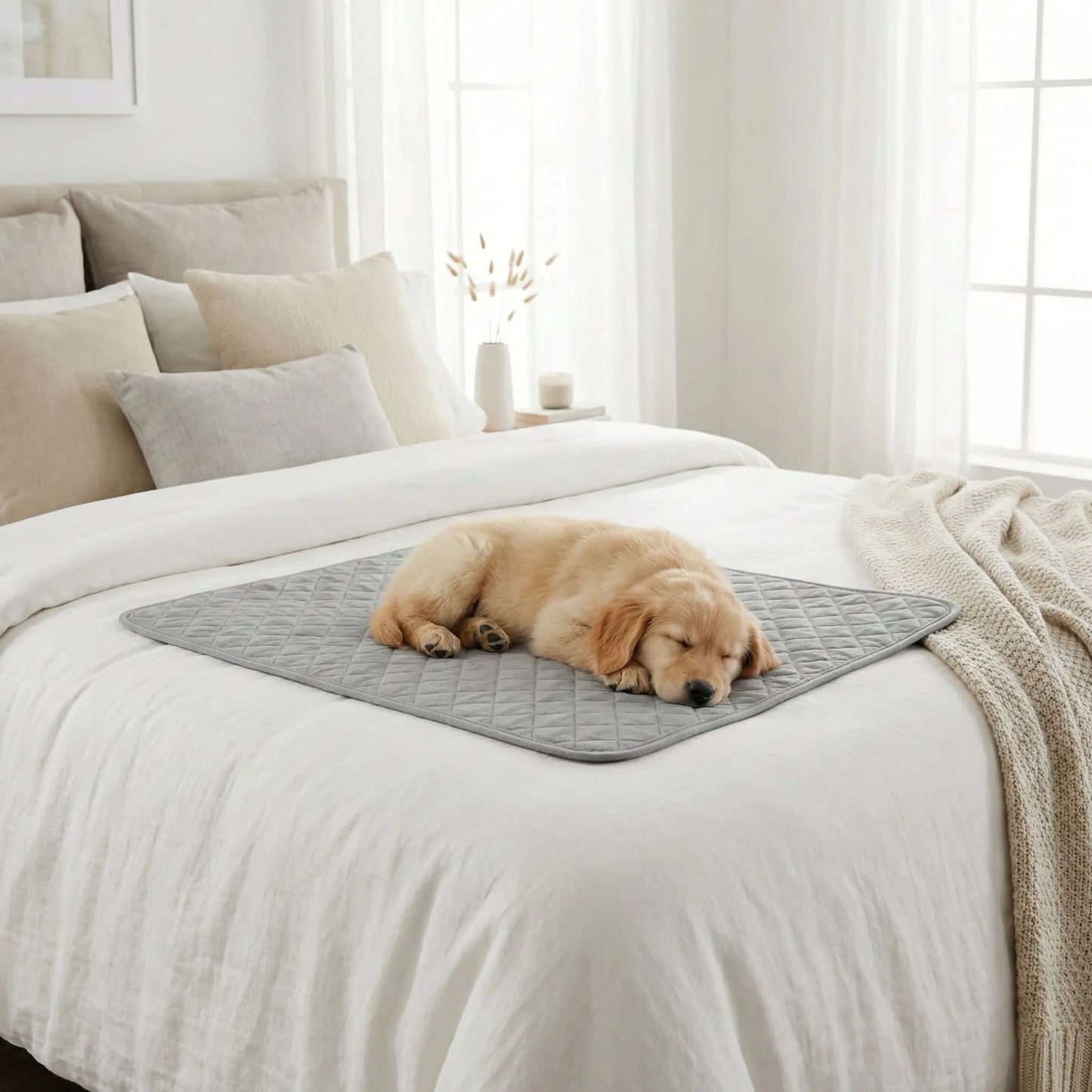 Alese-lavable-chien-chiot-lot-de-2-avec 4 couches ultra absorbantes 100% imperméable-tapis d'apprentissage de la propreté ou pour incontinence ou post opératoire-polyvalent comme protection canapé, lit, meuble, panier, siège de voiture, lavable en machine en deux tailles M et L pour tous les chiens-un chiot qui dort paisiblement sur le tapis absorbant gris sur le lit de son propriétaire 