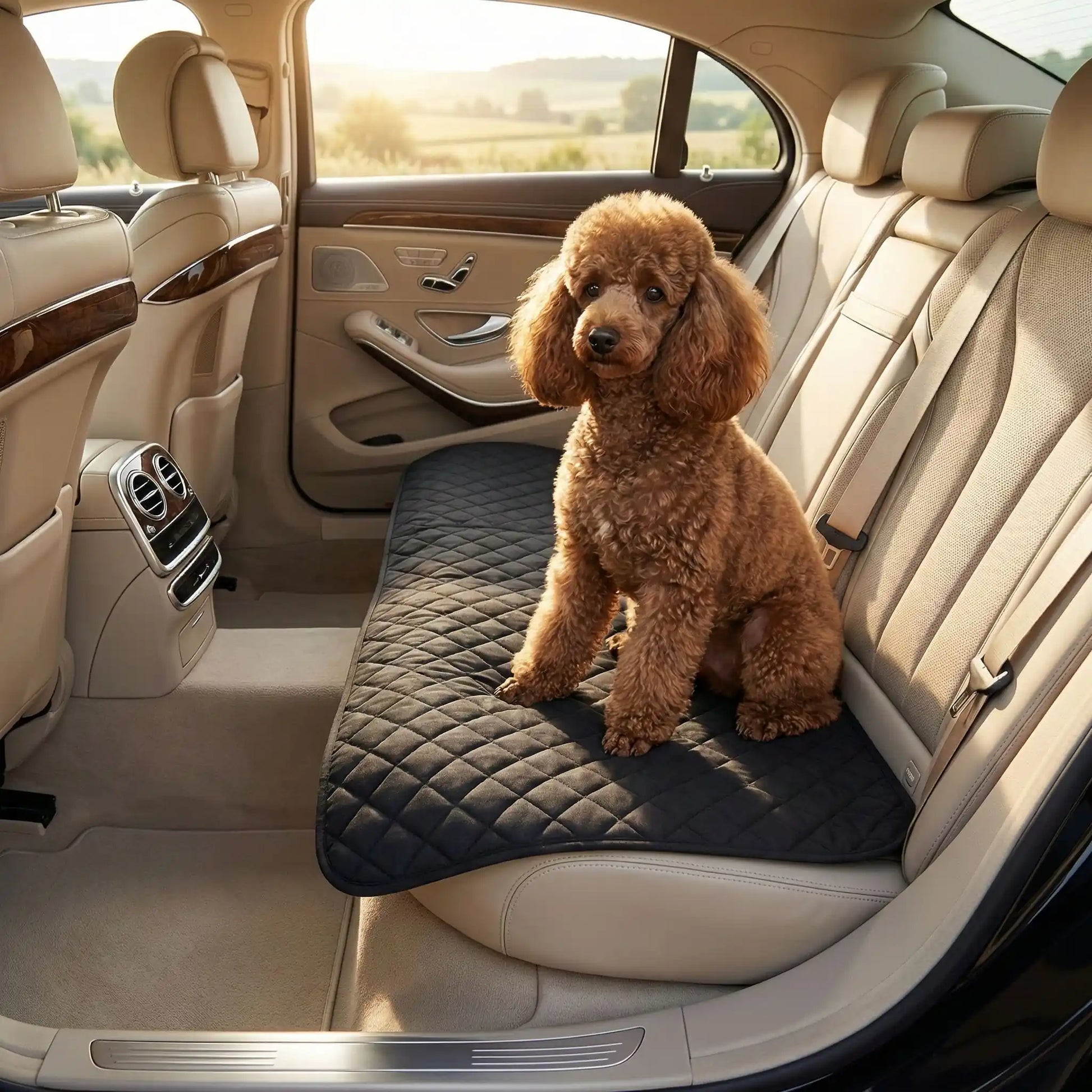 Alese-lavable-chien-chiot-lot-de-2-avec 4 couches ultra absorbantes 100% imperméable-tapis d'apprentissage de la propreté ou pour incontinence ou post opératoire-polyvalent comme protection canapé, lit, meuble, panier, siège de voiture, lavable en machine en deux tailles M et L pour tous les chiens-un petit chien frisé assis confortablement sur le tapis absorbant sur les sièges de la voiture protégée