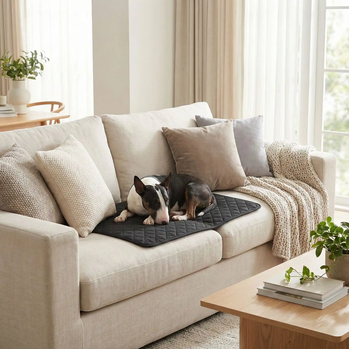 Alese-lavable-chien-chiot-lot-de-2-avec 4 couches ultra absorbantes 100% imperméable-tapis d'apprentissage de la propreté ou pour incontinence ou post opératoire-polyvalent comme protection canapé, lit, meuble, panier, siège de voiture, lavable en machine en deux tailles M et L pour tous les chiens-un chien de moyenne taille qui dort paisiblement sur le tapis absorbant gris sur le canapé du salon