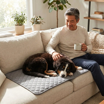 Alèse lavable chiot hygiène, imperméable, 4 couches absorbantes, surface douce qui reste toujours sèche résistante aux griffes et lavable en machine pour chiot de petite à grande taille,durable et polyvalent comme protection de la literie, couchage, sol, siège voiture, etc- un propriétaire assis sur le canapé qui caresse son chiot de très grande race couché confortablement sur l'alèse douce et confortable en protège canapé dans le salon de la maison