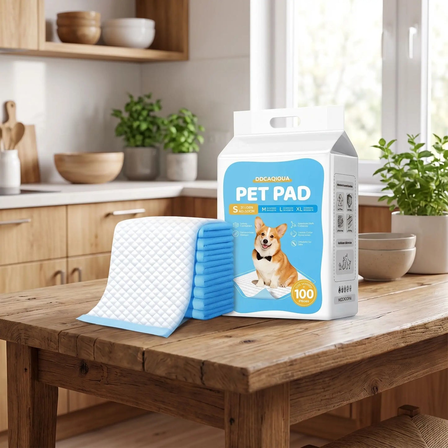 Aleses-jetables-pour-chiens-chiot-absorbantes, 5 couches, coton PP, imperméable vendues par lot de 100, 50, 40 ou 30 pièces et disponible en 4 tailles : S, M, L et XXL pour protection de meuble, de literie , apprentissage de propreté, incontinence, post-opératoire pour chiot et chien de petite à moyenne race-gros plan sur le paquet et  l'alèse jetable pour chien vendu par lot de 100, 50, 40 ou 30 pièces et en 4 tailles du S au XL pour chiot et chien de petite à moyenne taille