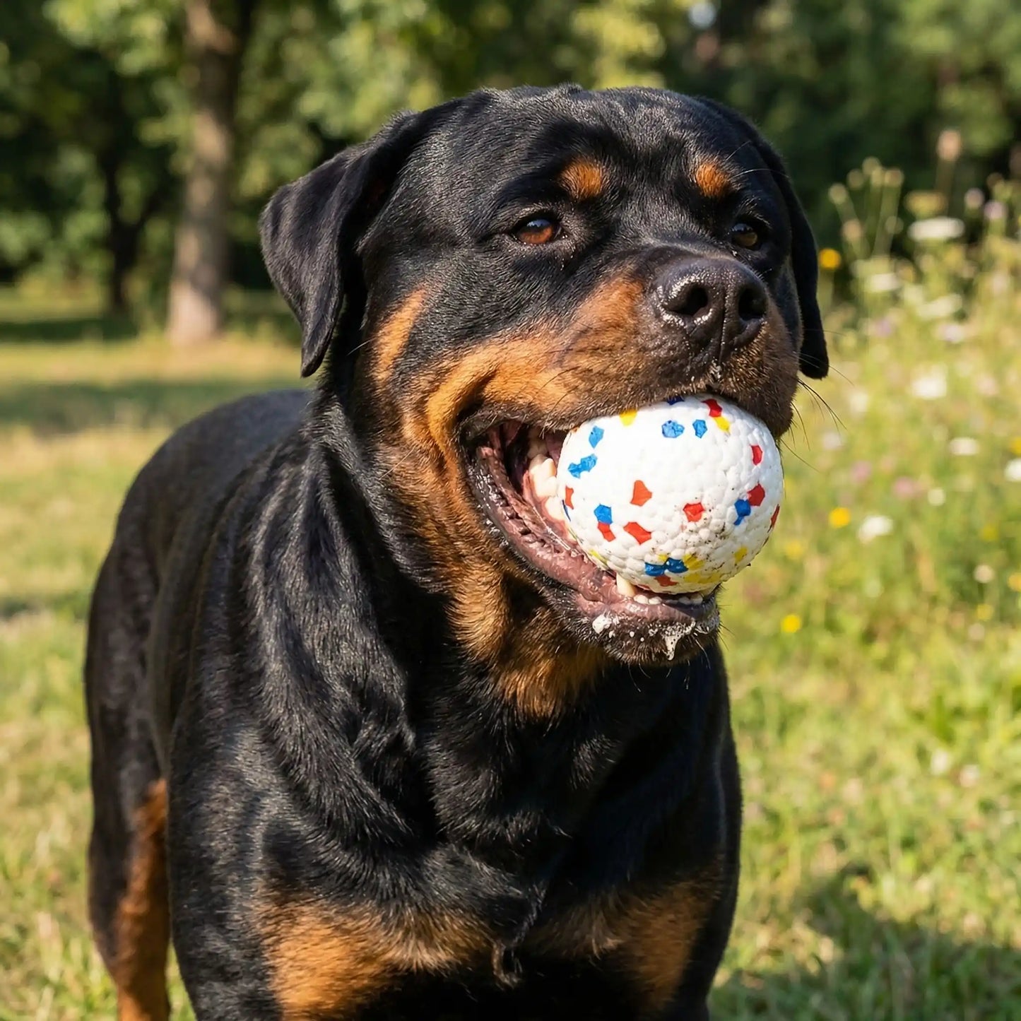 Balle-indestructible-pour-chien-chiot-lot-de-3 pour chien destructeur- pour jeu sur terre et pour jeu d'eau, légère élastique avec conception pour la mastication et le nettoyage dentaire pour chien et chiot à machoires puissantes-un rotweiller qui teint fièrement la balle indestructible modèle pour grands chiens dans sa machoire puisaante dans le parc à l'extérieur