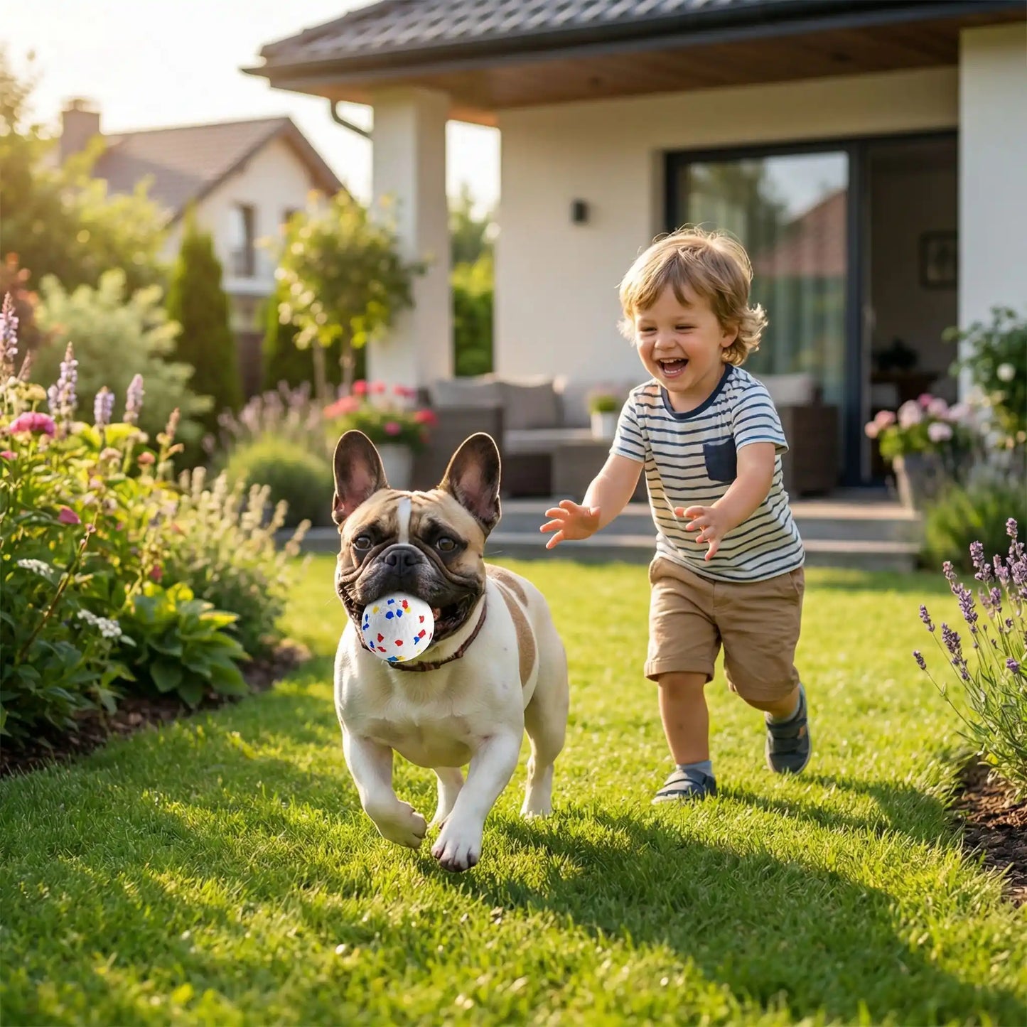 Balle-indestructible-pour-chien-chiot-lot-de-3 pour chien destructeur- pour jeu sur terre et pour jeu d'eau, légère élastique avec conception pour la mastication et le nettoyage dentaire pour chien et chiot à machoires puissantes-un bouledogue qui court avec sa balle indestructible modèle pour petit et chien de moyenne taille, suivit par un enfant qui rit et court derrière lui dans le jardin de la maison
