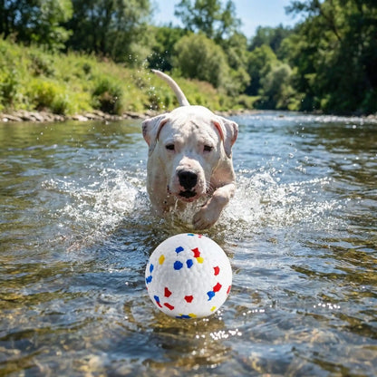 Balle-indestructible-pour-chien-chiot-lot-de-3 pour chien destructeur- pour jeu sur terre et pour jeu d'eau, légère élastique avec conception pour la mastication et le nettoyage dentaire pour chien et chiot à machoires puissantes-un dogue argentin qui nage dans le lac pour attraper la balle indetructible qui flotte sur l'eau