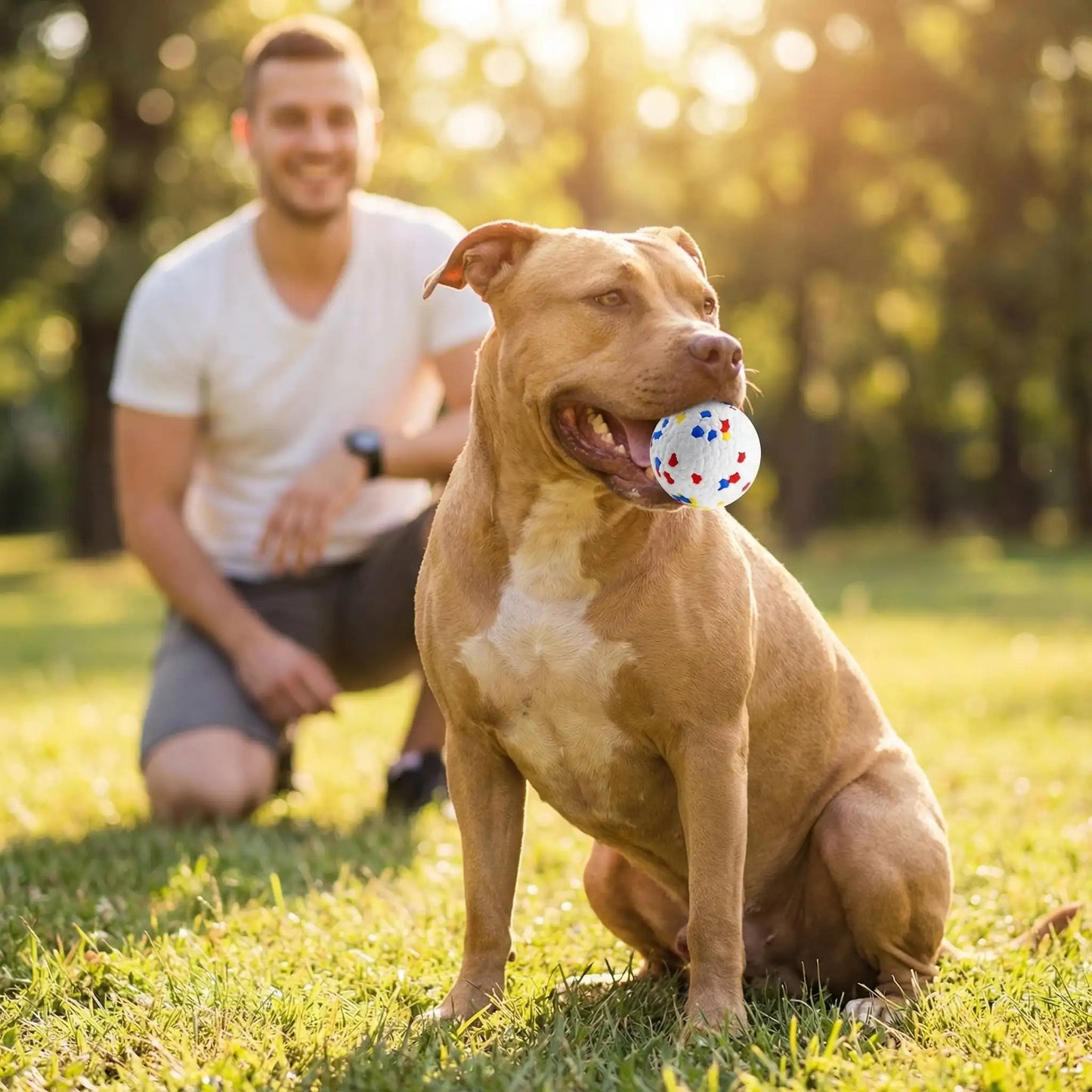 Balle-indestructible-pour-chien-chiot-lot-de-3 pour chien destructeur- pour jeu sur terre et pour jeu d'eau, légère élastique avec conception pour la mastication et le nettoyage dentaire pour chien et chiot à machoires puissantes-un Staffordshire Terrier Américain qui teint dans sa machoire puissante la balle indestructible pour la rappoter à son maitre pour jouer au lancer rapporter dans le parc 