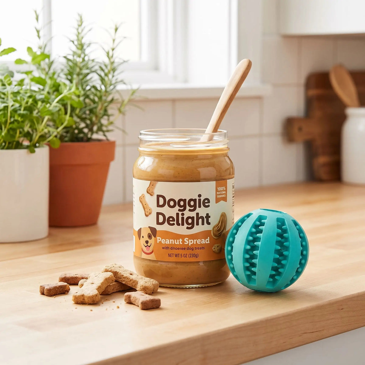 Balle-pour-chien-a-friandise-chiot-distributeur-bleu en caoutchouc naturel de qualité alimentaire robuste avec multiples rainures en forme dentelée pour emprisonner les friandies ou les croquettes que le chien ou le chiot peut faire rouler, mordre ou lécher pour un effet apaisant immédiat , enduisable avec des pâtés pour variés les plaisirs, disponible en 2 diamètres pour chiot et chien de petite à moyenne taille-gros plan sur la balle à friandise pour chien de couleur bleu clair