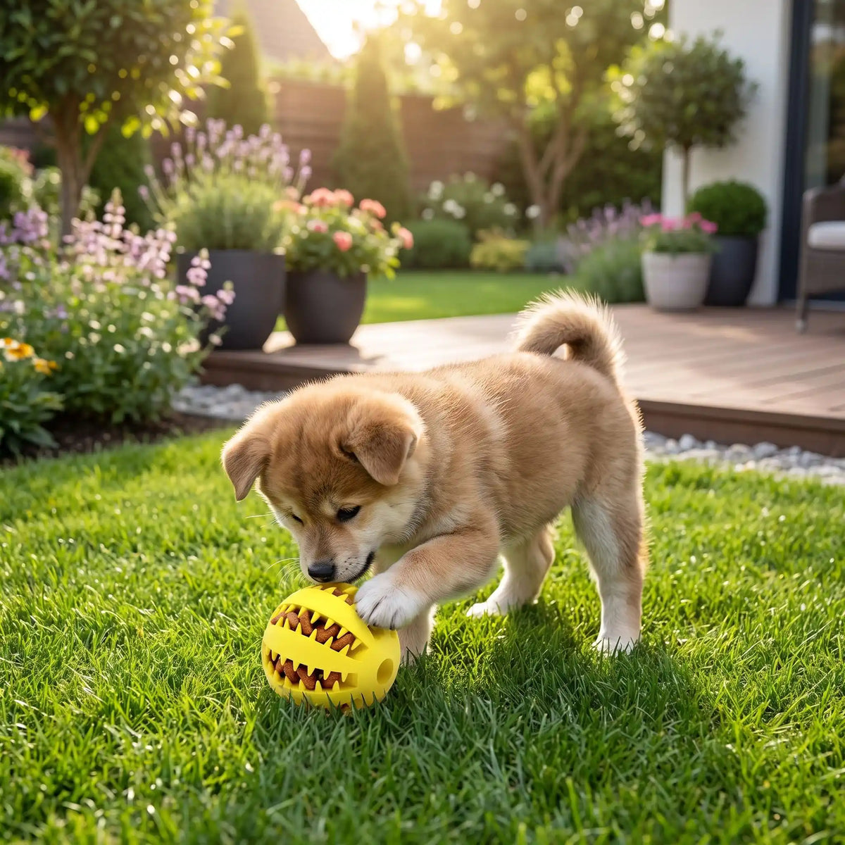 Balle-pour-chien-a-friandise-chiot-distributeur-bleu en caoutchouc naturel de qualité alimentaire robuste avec multiples rainures en forme dentelée pour emprisonner les friandies ou les croquettes que le chien ou le chiot peut faire rouler, mordre ou lécher pour un effet apaisant immédiat , enduisable avec des pâtés pour variés les plaisirs, disponible en 2 diamètres pour chiot et chien de petite à moyenne taille-uun chiot qui joue et cherche à attraper les friandises cachées dans la balle dans le jardin 