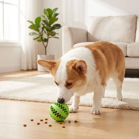 Balle-pour-chien-a-friandise-chiot-distributeur-bleu en caoutchouc naturel de qualité alimentaire robuste avec multiples rainures en forme dentelée pour emprisonner les friandies ou les croquettes que le chien ou le chiot peut faire rouler, mordre ou lécher pour un effet apaisant immédiat , enduisable avec des pâtés pour variés les plaisirs, disponible en 2 diamètres pour chiot et chien de petite à moyenne taille-un chien moyen qui utilise son flair et son adresse pour recupérer les friandises de la balle 