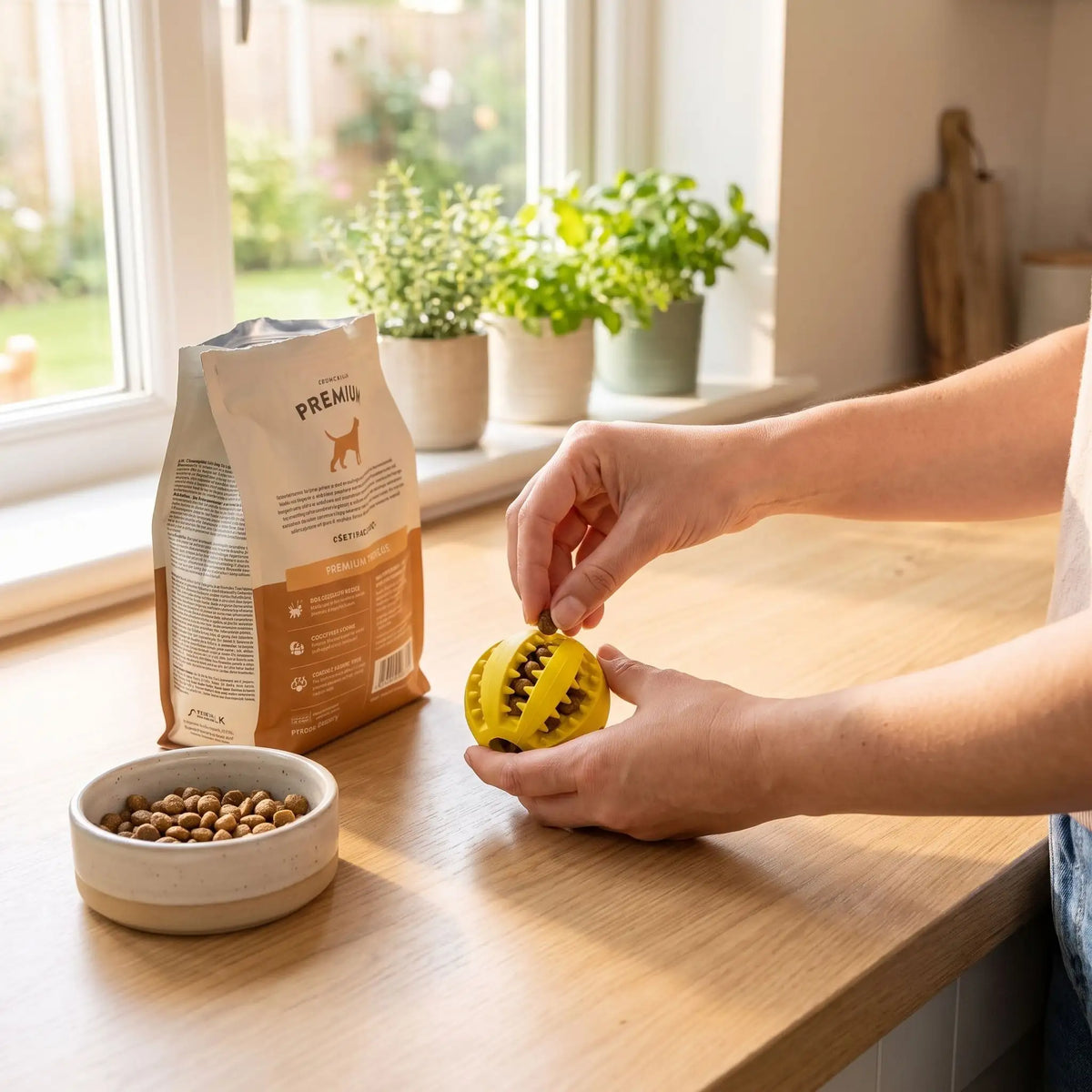 Balle-pour-chien-a-friandise-chiot-distributeur-bleu en caoutchouc naturel de qualité alimentaire robuste avec multiples rainures en forme dentelée pour emprisonner les friandies ou les croquettes que le chien ou le chiot peut faire rouler, mordre ou lécher pour un effet apaisant immédiat , enduisable avec des pâtés pour variés les plaisirs, disponible en 2 diamètres pour chiot et chien de petite à moyenne taille-gros plan une laitresse qui cache des croquettes dans la balle à friandise pour son chiot