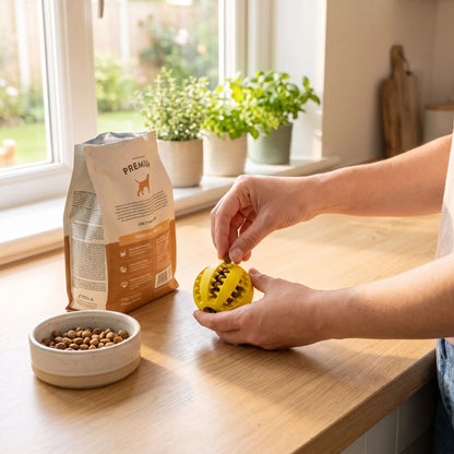 Balle-pour-chien-a-friandise-chiot-distributeur-bleu en caoutchouc naturel de qualité alimentaire robuste avec multiples rainures en forme dentelée pour emprisonner les friandies ou les croquettes que le chien ou le chiot peut faire rouler, mordre ou lécher pour un effet apaisant immédiat , enduisable avec des pâtés pour variés les plaisirs, disponible en 2 diamètres pour chiot et chien de petite à moyenne taille-gros plan une laitresse qui cache des croquettes dans la balle à friandise pour son chiot