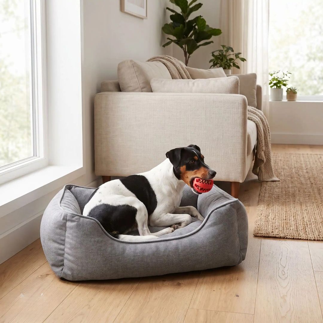 Balle-pour-chien-a-friandise-chiot-distributeur-bleu en caoutchouc naturel de qualité alimentaire robuste avec multiples rainures en forme dentelée pour emprisonner les friandies ou les croquettes que le chien ou le chiot peut faire rouler, mordre ou lécher pour un effet apaisant immédiat , enduisable avec des pâtés pour variés les plaisirs, disponible en 2 diamètres pour chiot et chien de petite à moyenne taille-un chien actif qui tient dans sa machoire sa balle remplie de friandise couché dans son panier 