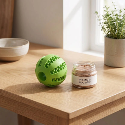 Balle-pour-chien-a-friandise-chiot-distributeur-bleu en caoutchouc naturel de qualité alimentaire robuste avec multiples rainures en forme dentelée pour emprisonner les friandies ou les croquettes que le chien ou le chiot peut faire rouler, mordre ou lécher pour un effet apaisant immédiat , enduisable avec des pâtés pour variés les plaisirs, disponible en 2 diamètres pour chiot et chien de petite à moyenne taille-gros plan sur la balle à friandise pour chien de couleur vert