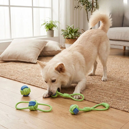 Balle-pour-chien-avec-corde-chiot-avec-noeuds-solides, vendues en lot de 4 ou 7 jouet avec différentes balles et longueur de corde, jouet à mâcher-un chien moyen qui mord et joue avec plaisir la balle en corde avec balles de chaque côté entouré au sols des autres balles à codes, avec longue corde pour jeux tugs et jouet en forme de maïs à maché en corde tressée, disponible en 3 lots de 4 et 7 jouets et balles en corde en coton et polyester doux et ultra-résistant éparpillés sur le sol du salon de la maison