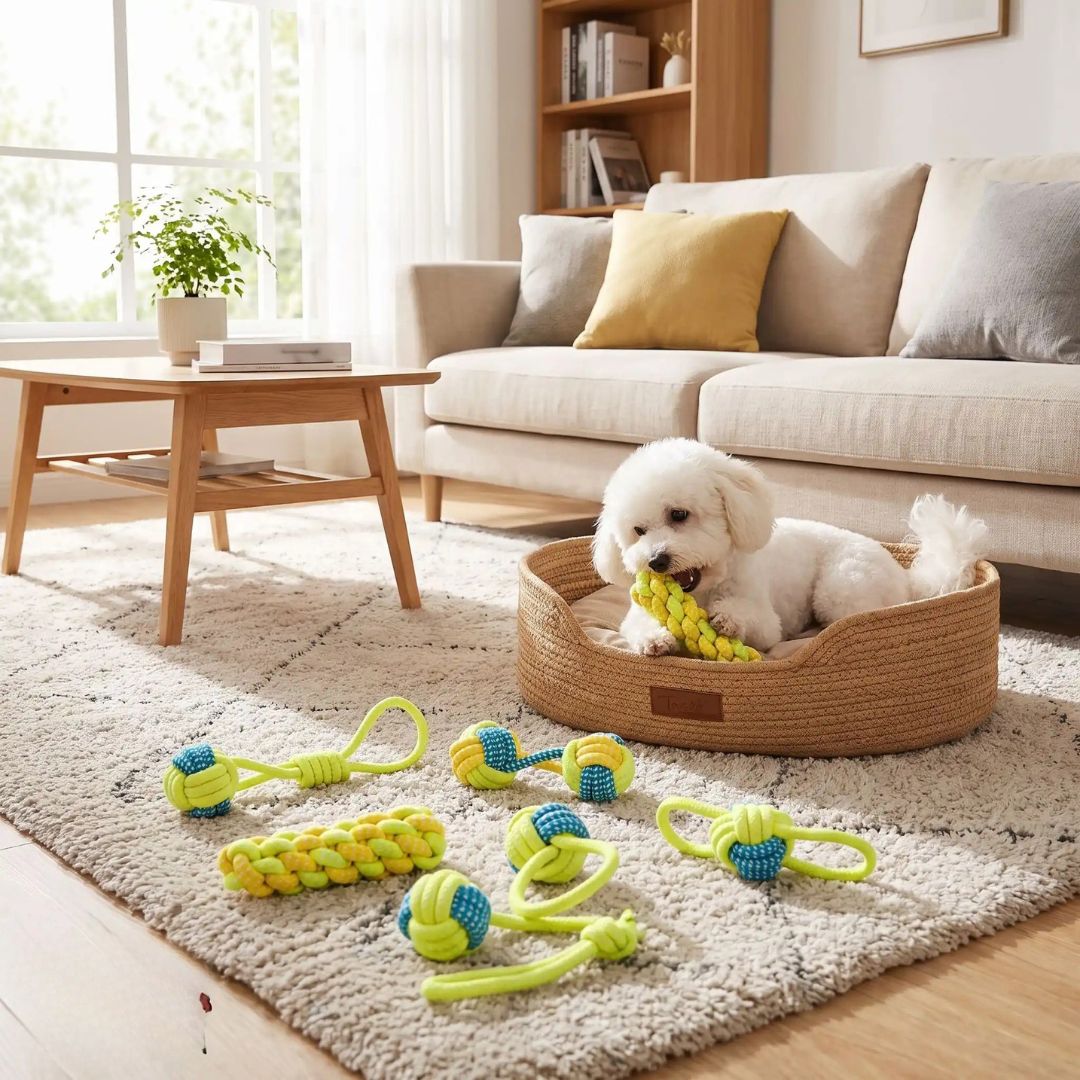 Balle-pour-chien-avec-corde-chiot-avec-noeuds-solides, vendues en lot de 4 ou 7 jouet avec différentes balles et longueur de corde, jouet à mâcher-un petit chien couché confortablement dans son panier et qui fait ses dents sur le jouet de dentition en corde tressées lot de balles posées au sol,balles à cordes, avec différentes  longueur pour jeux tugs , disponible en 3 lots de 4 et 7 jouets et balles en corde en coton et polyester doux et ultra-résistant 