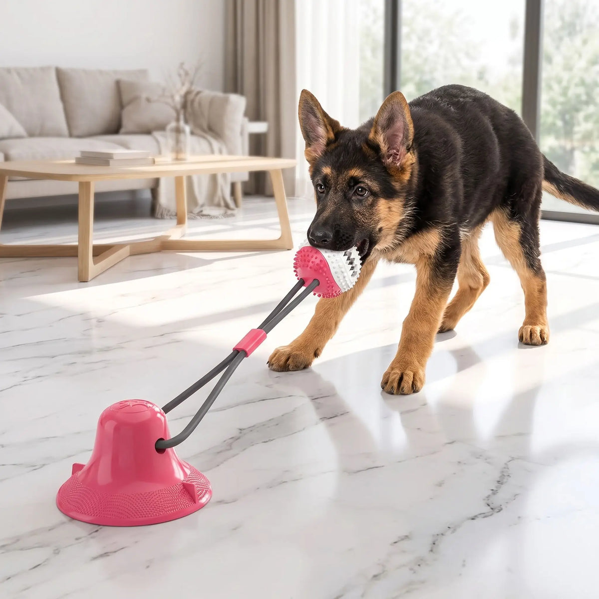 Balle-pour-chien-avec-ventouse-chiot-distributeur-de-croquette en caoutchouc naturel solide et écoresponsable, lavable, jouet d'occupation alimentaire, jeu de recherche et récompense, balle de 8 cm de diamètre adapté au race moyenne à grande, cordon extensible robuste pour des jeu de tire à la corde autonome avec sa ventouse imperméable qui colle sur toutes surfaces lisses-un chiot de grande race qui tire la balle  corde avec ventouse par sa mâchoire pour un jeu qui muscle et récompense par les friandises 