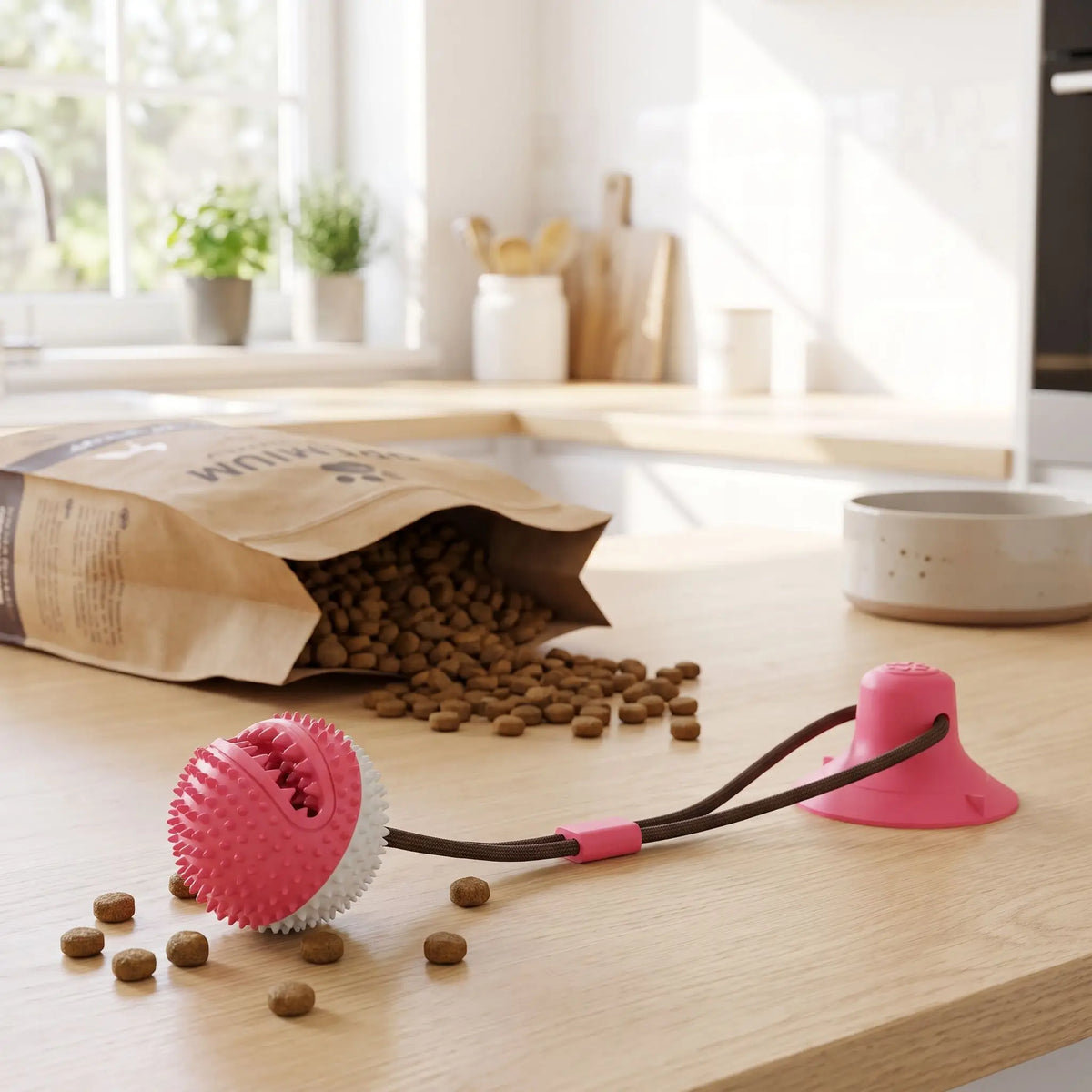 Balle-pour-chien-avec-ventouse-chiot-distributeur-de-croquette en caoutchouc naturel solide et écoresponsable, lavable, jouet d'occupation alimentaire, jeu de recherche et récompense, balle de 8 cm de diamètre adapté au race moyenne à grande, cordon extensible robuste pour des jeux de tire à la corde autonome avec sa ventouse imperméable qui colle sur toutes surfaces lisses-gros plan sur la balle à friandises dentelés remplies de croquettes pour un nettoyage bucco dentaire ludique avec sa corde et ventouse 