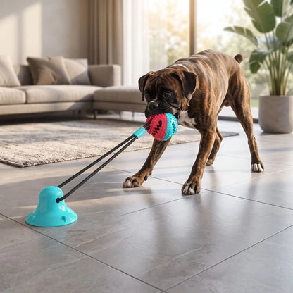 Balle-pour-chien-avec-ventouse-chiot-distributeur-de-croquette en caoutchouc naturel solide et écoresponsable, lavable, jouet d'occupation alimentaire, jeu de recherche et récompense, balle de 8 cm de diamètre adapté au race moyenne à grande, cordon extensible robuste pour des jeu de tire à la corde autonome avec sa ventouse imperméable qui colle sur toutes surfaces lisses-un chien robuste qui tire la balle  corde avec ventouse par sa mâchoire pour un jeu qui muscle et récompense par les friandises 