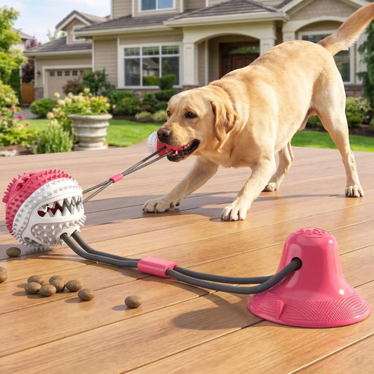Balle-pour-chien-avec-ventouse-chiot-distributeur-de-croquette en caoutchouc naturel solide et écoresponsable, lavable, jouet d'occupation alimentaire, jeu de recherche et récompense, balle de 8 cm de diamètre adapté au race moyenne à grande, cordon extensible robuste pour des jeu de tire à la corde autonome avec sa ventouse imperméable qui colle sur toutes surfaces lisses-un chien de race moyenne qui tire la balle  corde avec ventouse par sa mâchoire pour un jeu qui muscle et récompense par les friandises 