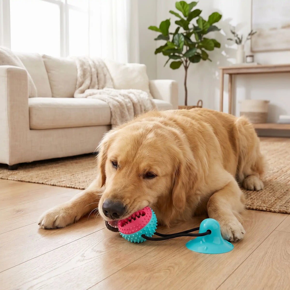 Balle-pour-chien-avec-ventouse-chiot-distributeur-de-croquette en caoutchouc naturel solide et écoresponsable, lavable, jouet d'occupation alimentaire, jeu de recherche et récompense, balle de 8 cm de diamètre adapté au race moyenne à grande, cordon extensible robuste pour des jeu de tire à la corde autonome avec sa ventouse imperméable qui colle sur toutes surfaces lisses-un chien de race moyenne qui mâche avec plaisir la balle avec relief souple qui détend et nettoie ses dents 