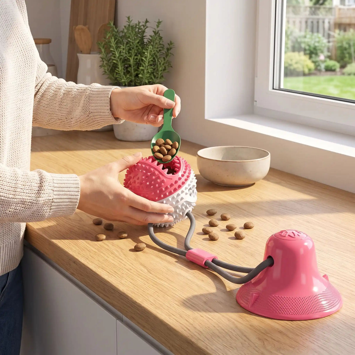 Balle-pour-chien-avec-ventouse-chiot-distributeur-de-croquette en caoutchouc naturel solide et écoresponsable, lavable, jouet d'occupation alimentaire, jeu de recherche et récompense, balle de 8 cm de diamètre adapté au race moyenne à grande, cordon extensible robuste pour des jeu de tire à la corde autonome avec sa ventouse imperméable qui colle sur toutes surfaces lisses-gros plan sur la maitresse qui met des croquettes dans la la balle avec corde et ventouse sur le plan de travail de la cuisine