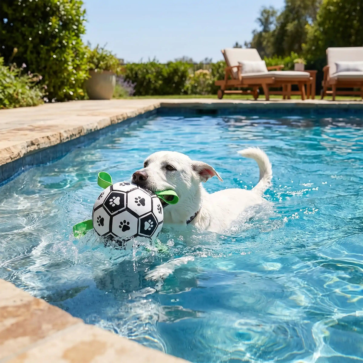 Balle-pour-chien-de-foot-chiot-avec-sangles en nylon robuste pour une meilleur préhension, gonflable avec pompe fournie, TPU sans danger, rembourrage caoutchouc naturel et coutures solides en coton, écoresponsable et sans danger, ballon rebondissant et flottant de 15 cm de diamètre idéal pour les chiots et chien de petite à moyenne taille-un chien de moyenne taille qui nage et tient fièrement son ballon de foot flottant dans la piscine en été