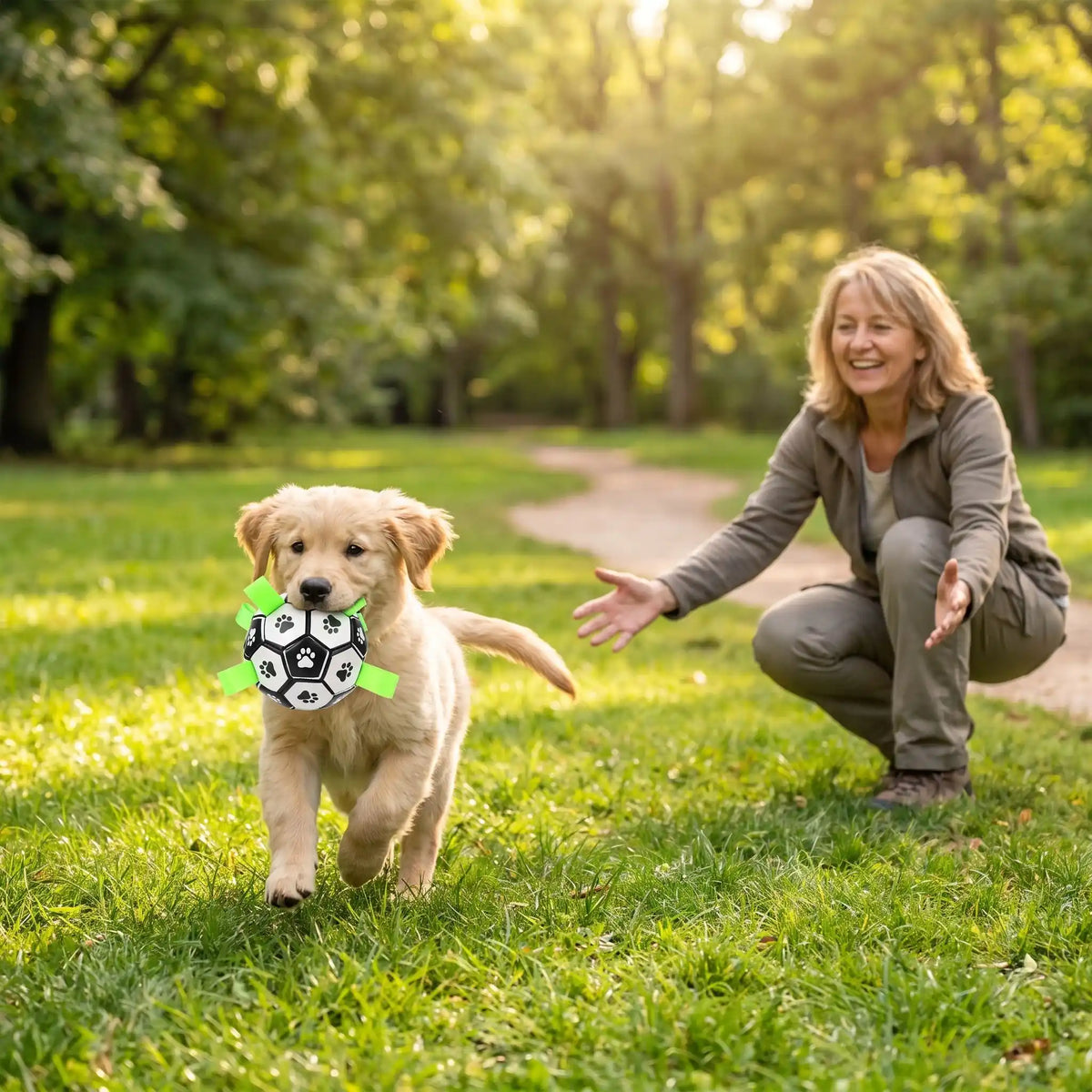 Balle-pour-chien-de-foot-chiot-avec-sangles en nylon robuste pour une meilleur préhension, gonflable avec pompe fournie, TPU sans danger, rembourrage caoutchouc naturel et coutures solides en coton, écoresponsable et sans danger, ballon rebondissant et flottant de 15 cm de diamètre idéal pour les chiots et chien de petite à moyenne taille-un chiot de moyenne race qui tient fièrement son ballon de foot par la grande sangle noir en courant dans le parc sous le regard attendrit de sa maitresse 
