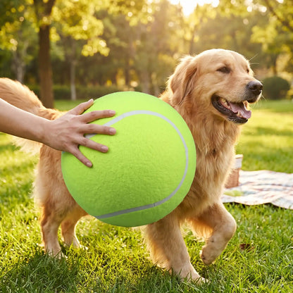 Balle-pour-chien-géante-chiot-tennis, gonflable en caoutchouc 100% naturel sans danger, résistante, balle de 24 cm de diamètre amusante douce et résistante aux griffes et morsures, gonflable et dégonglable pour un rangement facile et compact, légère- gros plan sur la balle de tennis gonflable géante pour chien à côté d'un chien de taille moyenne prêt à jouer dans le parc 