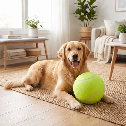 Balle-pour-chien-géante-chiot-tennis, gonflable en caoutchouc 100% naturel sans danger, résistante, balle de 24 cm de diamètre amusante douce et résistante aux griffes et morsures, gonflable et dégonglable pour un rangement facile et compact, légère- un chien de race moyenne confortablement couché sur le sol du salon avec sa balle géante gonflée de tennis entre les pattes prêt à jouer