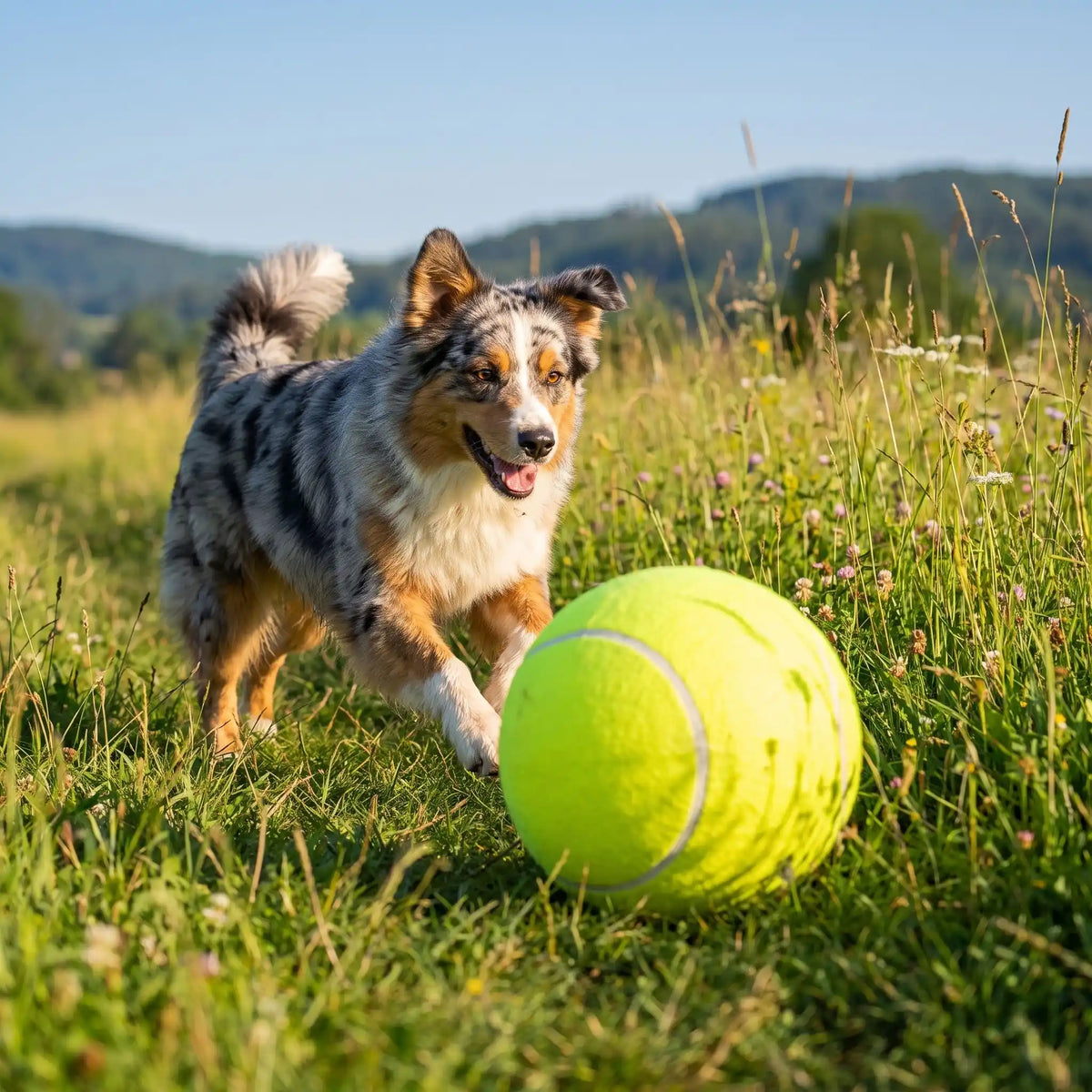 Balle-pour-chien-géante-chiot-tennis, gonflable en caoutchouc 100% naturel sans danger, résistante, balle de 24 cm de diamètre amusante douce et résistante aux griffes et morsures, gonflable et dégonglable pour un rangement facile et compact, légère- un chien actif de taille moyenne qui court intensément derrière la balle de tennis géante solide dans la pelouse en plein air