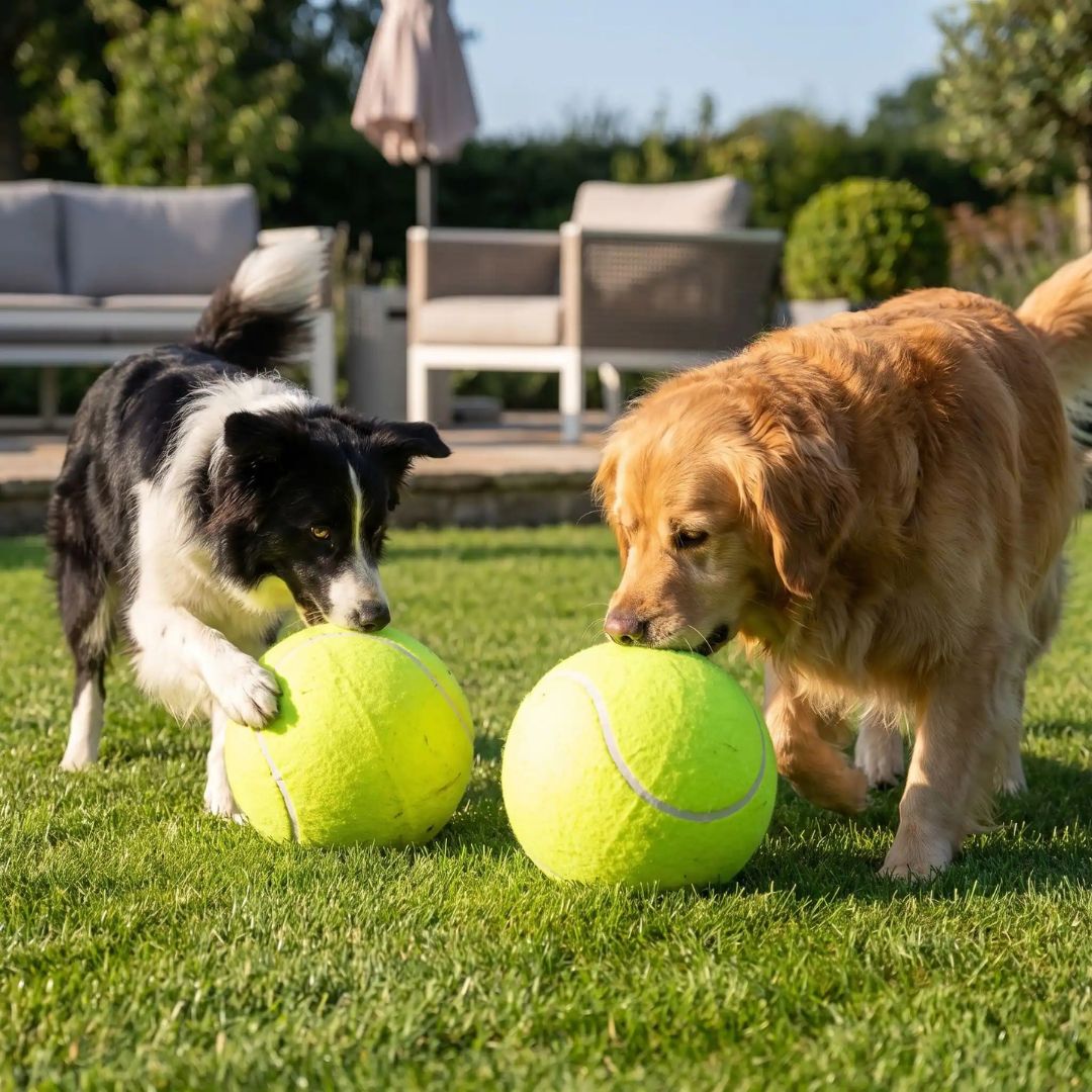 Balle-pour-chien-géante-chiot-tennis, gonflable en caoutchouc 100% naturel sans danger, résistante, balle de 24 cm de diamètre amusante douce et résistante aux griffes et morsures, gonflable et dégonglable pour un rangement facile et compact, légère- deux chien de races moyennes qui jouent mordent et donnent des coup de pattes sur leur balle de tennis géante solide dans le jardin de la maison