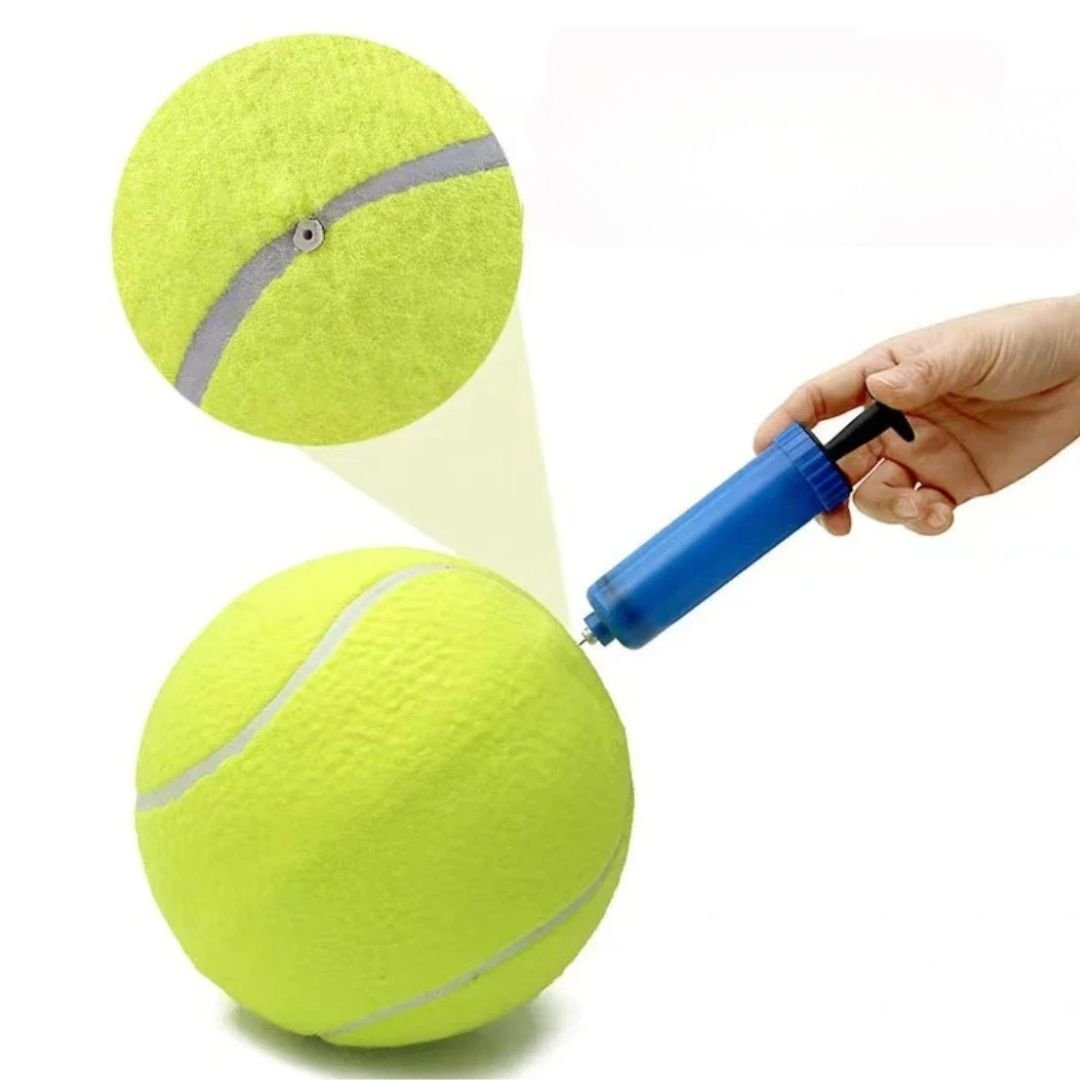 Balle-pour-chien-géante-chiot-tennis, gonflable en caoutchouc 100% naturel sans danger, résistante, balle de 24 cm de diamètre amusante douce et résistante aux griffes et morsures, gonflable et dégonglable pour un rangement facile et compact, légère- gros plan sur la valve sécurisée et l'utilisation d'une petite pome de gonflage pour la balle de tennis géante pour chiot et chien