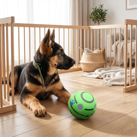 Balle-pour-chien-sonore-rebondissante-solide-verte, rebondissante, avec trou de préhension, disponible en 3 tailles pour chiot et chien de petite, moyenne et grande taille-un chiot de grande race couché confortablement sur le sol du salon avec sa balle robuste entre ses pattes