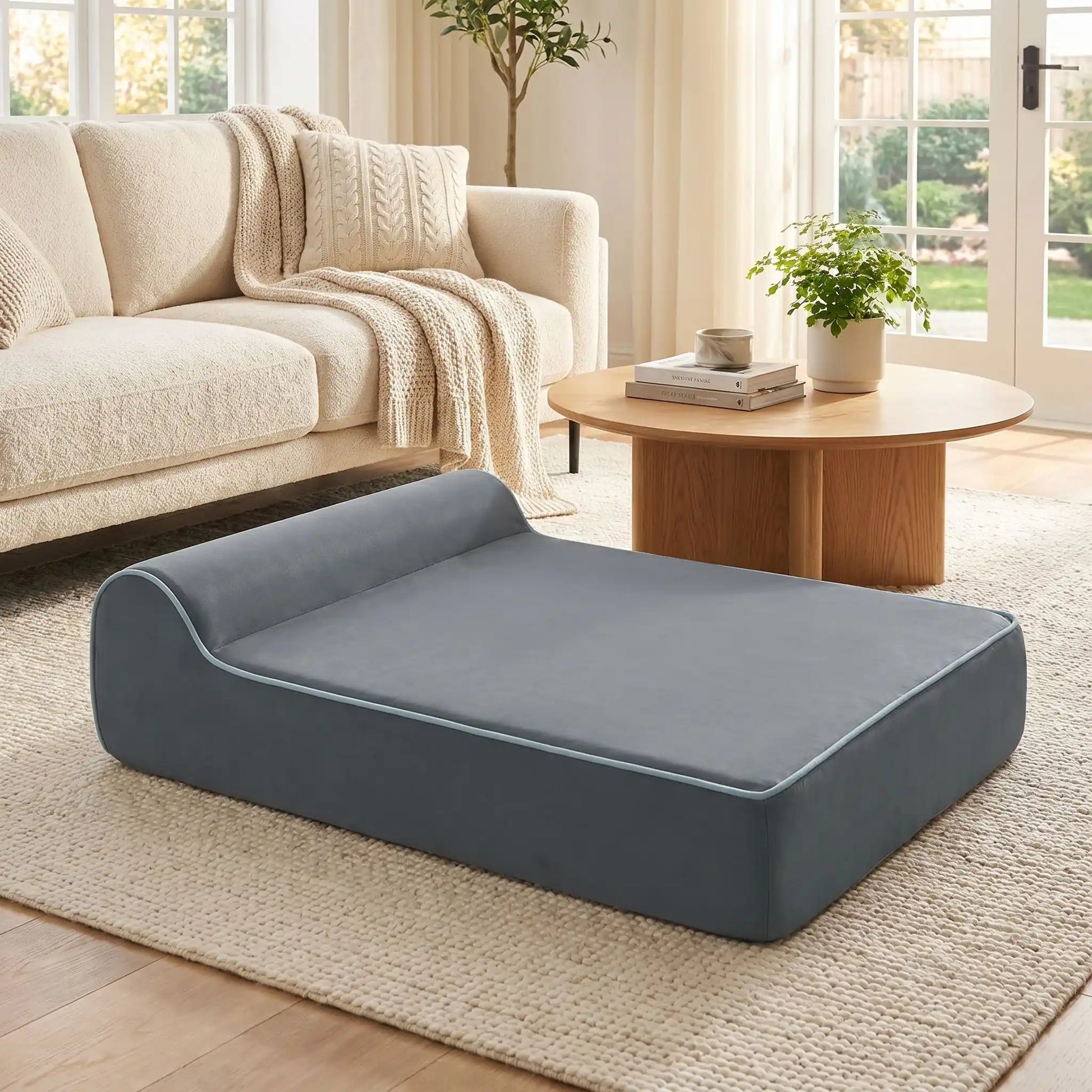 Banquette-chien-chiot orthopédique rectangulaire avec matelas et oreiller intégré, déhoussable et lavabale en machine à laver, antidérapant, 100% imperméable, housse en tissu ultra-douce crystal, matelas et oreiller à mémoire de forme haute densité et résilience, longueur de 100 cm et 20 cm d'épaisseur pour chien et chiot de moyenne à grande taille jusqu'à 45 kg-gros plan sur la banquette pour chien avec oreiller intégré en mousse haute densité et mousse à graphène anti-humidité de couleur gris foncé