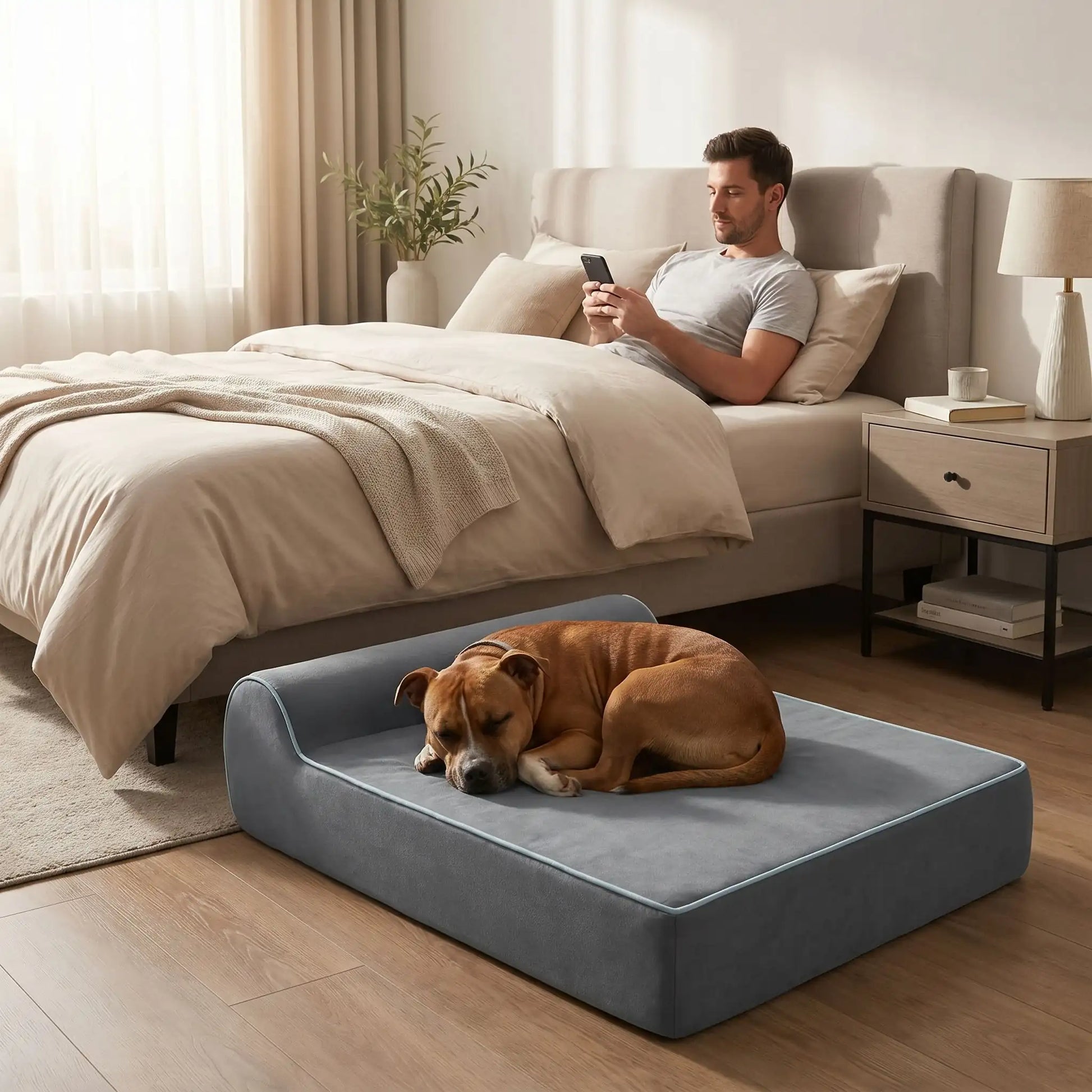 Banquette-chien-chiot orthopédique rectangulaire avec matelas et oreiller intégré, déhoussable et lavabale en machine à laver, antidérapant, 100% imperméable, housse en tissu ultra-douce crystal, matelas et oreiller à mémoire de forme haute densité et résilience, longueur de 100 cm et 20 cm d'épaisseur pour chien et chiot de moyenne à grande taille jusqu'à 45 kg-un chien moyenne taille qui dort paisiblement sur sa banquette  au pied du lit de son maitre allongé qui scrolle sur son téléphone dans la chambre 
