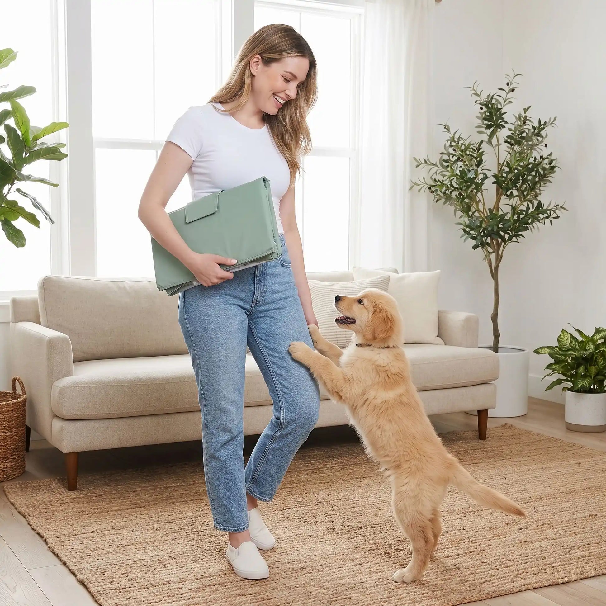 Bassin-pour-chien-baignoire en PVC renforcé et imperméable, légère, pliable, compact, légère, transportable, nomade de 80 cm de long pour chiot et chien de petite taille de 0 à 15 kg, polyvalent pour le bain, piscine, piscine à balle, pataugeoire, rangement, etc- une maitresse qui tient la piscine pliée comme un sac de soirée, compact, facile à emporter avec son chiot qui lui saute sur la jambe tout content