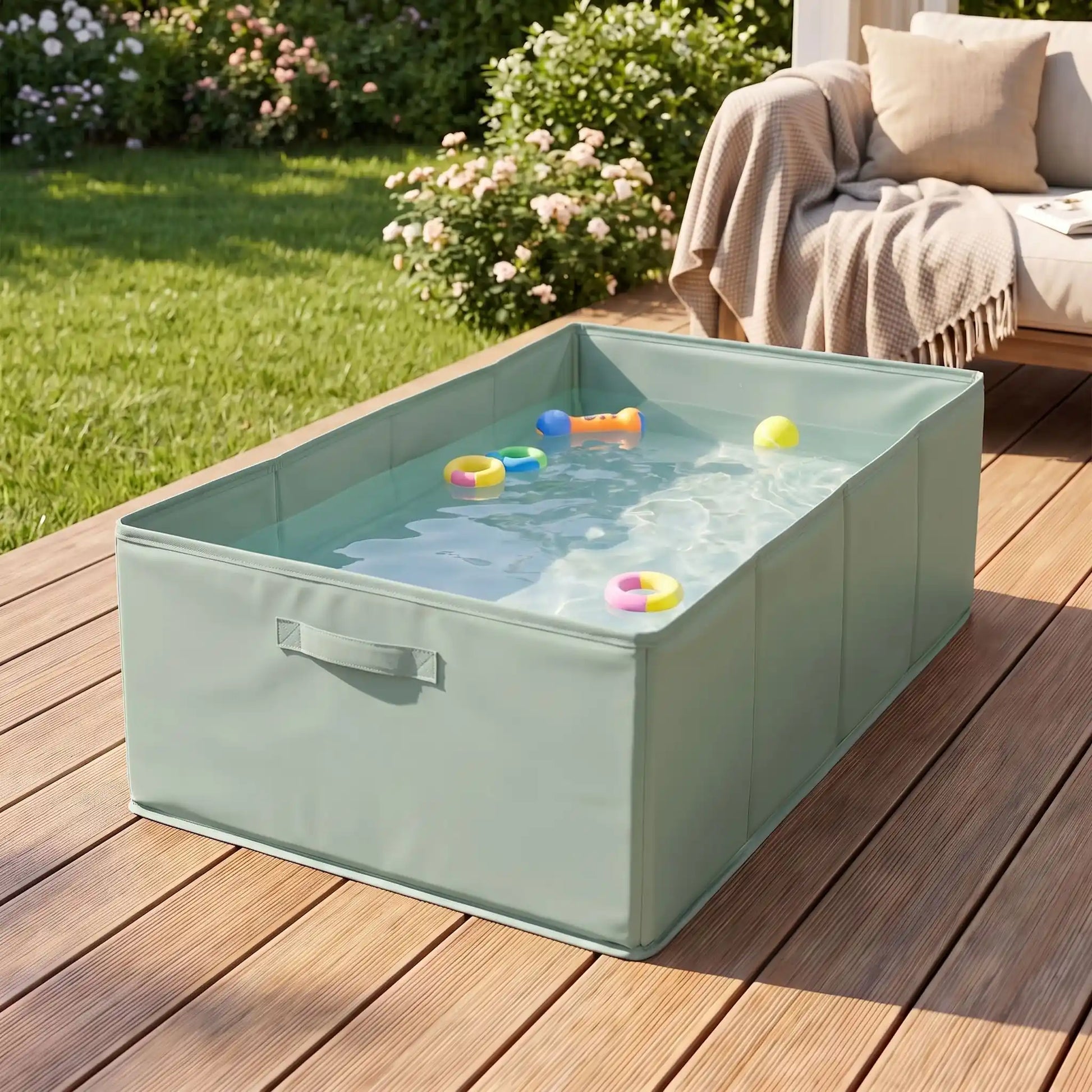 Bassin-pour-chien-baignoire en PVC renforcé et imperméable, légère, pliable, compact, légère, transportable, nomade de 80 cm de long pour chiot et chien de petite taille de 0 à 15 kg, polyvalent pour le bain, piscine, piscine à balle, pataugeoire, rangement, etc-gros plan sur la piscine pour chien rectangulaire pliable avec parois rigides remplis d'eau pour chien et chiot de petite à moyenne taille sur la terrasse du jardin de la maison