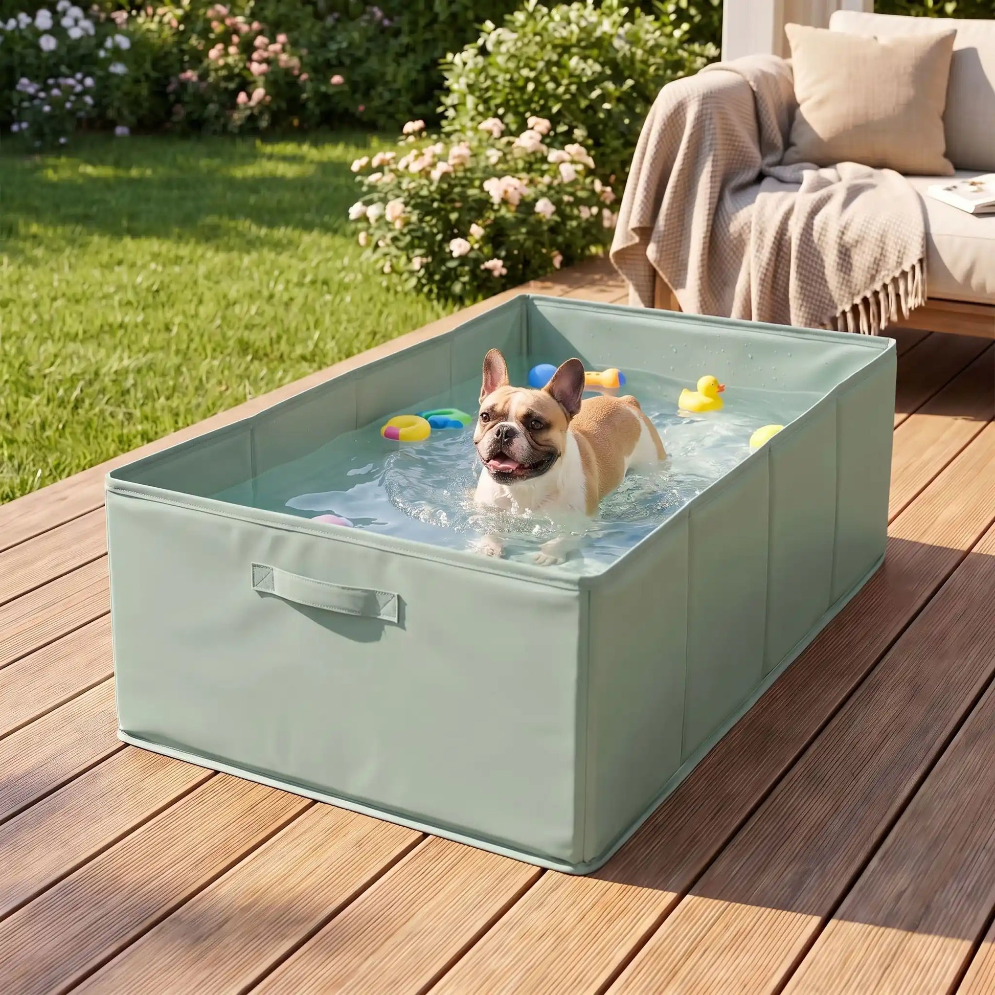 Bassin-pour-chien-baignoire en PVC renforcé et imperméable, légère, pliable, compact, légère, transportable, nomade de 80 cm de long pour chiot et chien de petite taille de 0 à 15 kg, polyvalent pour le bain, piscine, piscine à balle, pataugeoire, rangement, etc- un   chien de moyenne taille qui se baigne tout heureux dans la piscine pour chien rectangulaire pliable avec parois rigides sur la terrasse en bois de la maison en en été 
