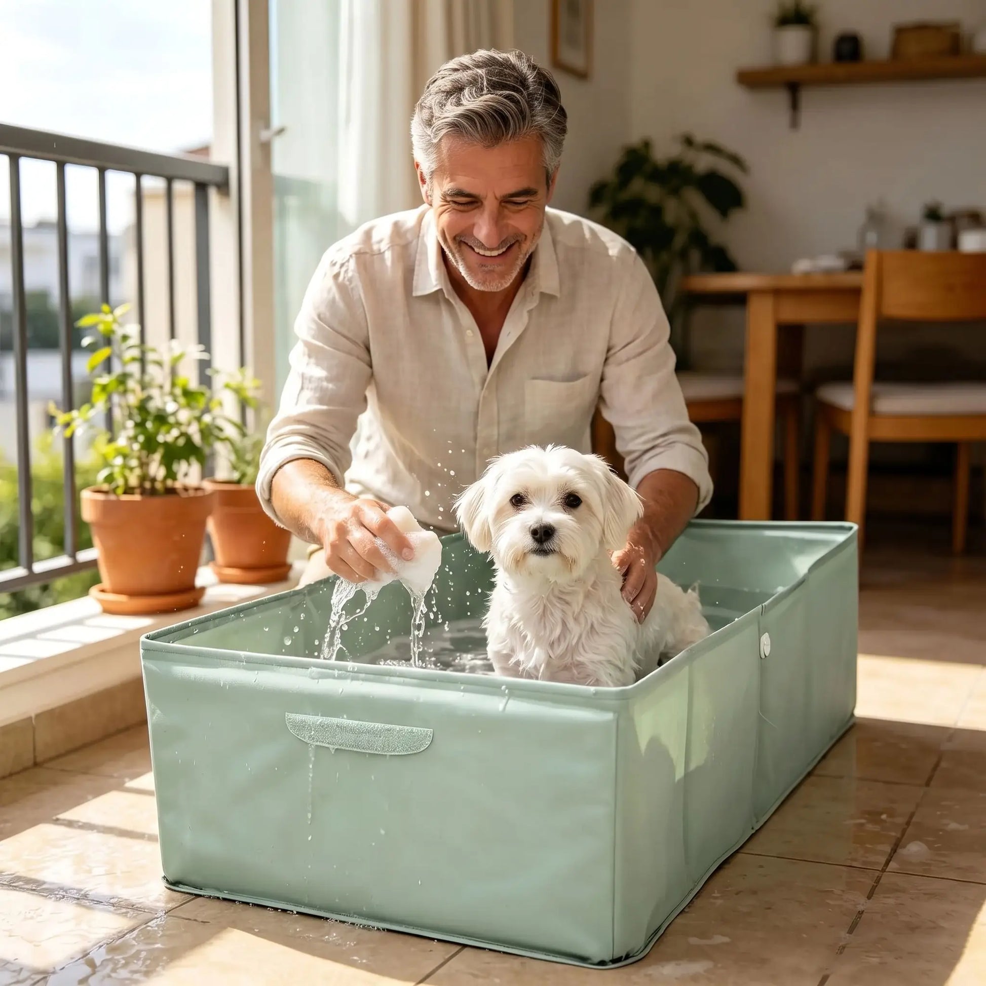 Bassin-pour-chien-baignoire en PVC renforcé et imperméable, légère, pliable, compact, légère, transportable, nomade de 80 cm de long pour chiot et chien de petite taille de 0 à 15 kg, polyvalent pour le bain, piscine, piscine à balle, pataugeoire, rangement, etc- un chien de petite race qui prend son bain avec son maitre tout heureux dans la piscine pour chien rectangulaire pliable avec parois rigides dans le salon de l'appartement