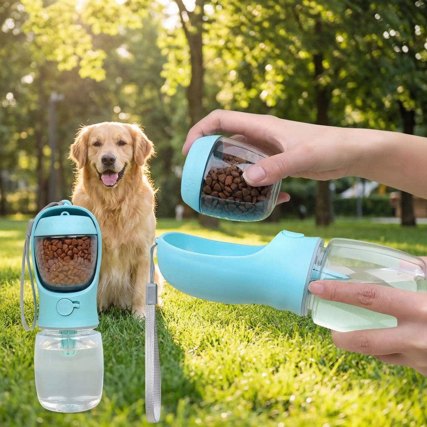 Bouteille-d-eau-pour-chien-chiot-550-ml avec compartiment pour friandises ou croquette amovible, bouton pour distribuer l'eau de manière hygiénique et contrôlé , bec adapté large et hygiénique sans BPA ni produits toxiques avec sangle de transport pour voyage, promenades, sorties en voiture-gros plan sur la bouteille distributrice d'eau avec son réservoir à croquette de couleur bleu avec un golden retriever qui attend sa collation dans le parc 