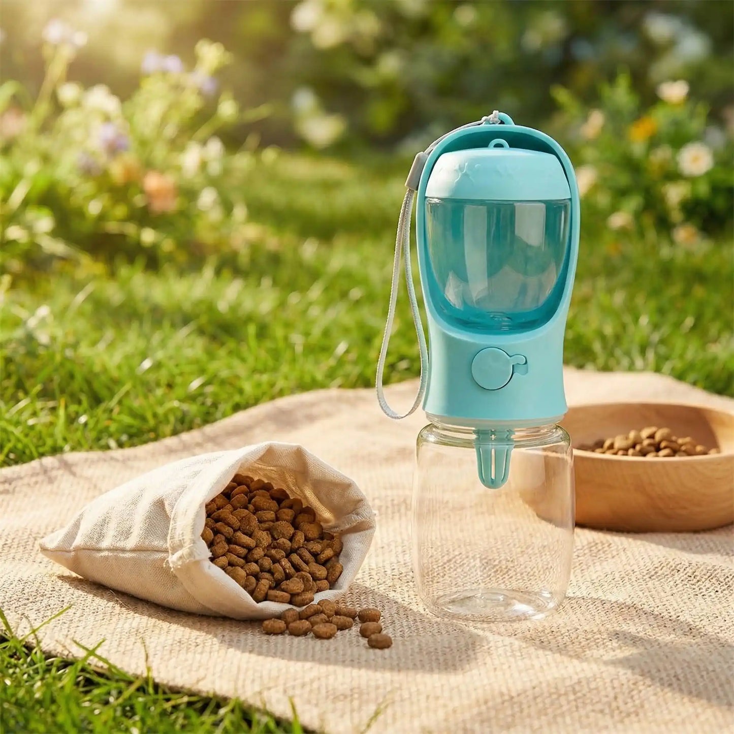 Bouteille-d-eau-pour-chien-chiot-550-ml avec compartiment pour friandises ou croquette amovible, bouton pour distribuer l'eau de manière hygiénique et contrôlé , bec adapté large et hygiénique sans BPA ni produits toxiques avec sangle de transport pour voyage, promenades, sorties en voiture-gros plan sur la bouteille 2 en 1 de couleur bleu distributrice d'eau et de croquette ou friandise pour chien pour les sorties en extérieurs, promenade, acance, voyage, voiture, transport