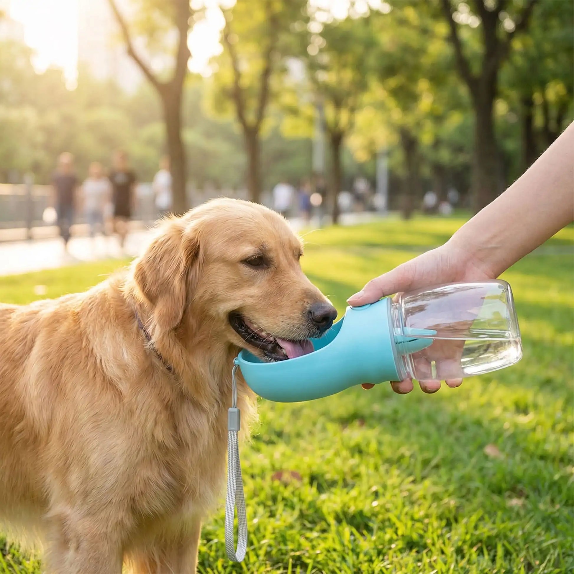 Bouteille-d-eau-pour-chien-chiot-550-ml avec compartiment pour friandises ou croquette amovible, bouton pour distribuer l'eau de manière hygiénique et contrôlé , bec adapté large et hygiénique sans BPA ni produits toxiques avec sangle de transport pour voyage, promenades, sorties en voiture-un Golden retriever qui boit dans le large bec de la bouteille tenue avec son eau distribuée par le maitre grâce au bouton verseur pour désaltérer son chien dans le parc à la fin de la promenade au printemps