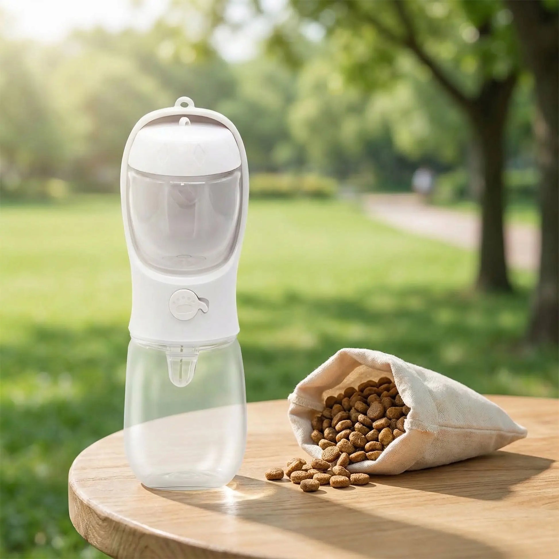 Bouteille-d-eau-pour-chien-chiot-550-ml avec compartiment pour friandises ou croquette amovible, bouton pour distribuer l'eau de manière hygiénique et contrôlé , bec adapté large et hygiénique sans BPA ni produits toxiques avec sangle de transport pour voyage, promenades, sorties en voiture-gros plan sur la bouteille 2 en 1 de couleur blanc distributrice d'eau et de croquette ou friandise pour chien pour les sorties en extérieurs, promenade, acance, voyage, voiture, transport