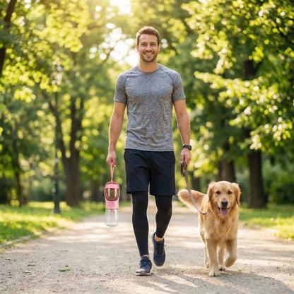 Bouteille-d-eau-pour-chien-chiot-550-ml avec compartiment pour friandises ou croquette amovible, bouton pour distribuer l'eau de manière hygiénique et contrôlé , bec adapté large et hygiénique sans BPA ni produits toxiques avec sangle de transport pour voyage, promenades, sorties en voiture-un maitre souriant qui tient dans sa main gauche la laisse de son chien heureux et haletant et dans l'autre main la bouteille d'eau distributrice d'eau et avec son réservoir de friandises remplies en balade dans le parc